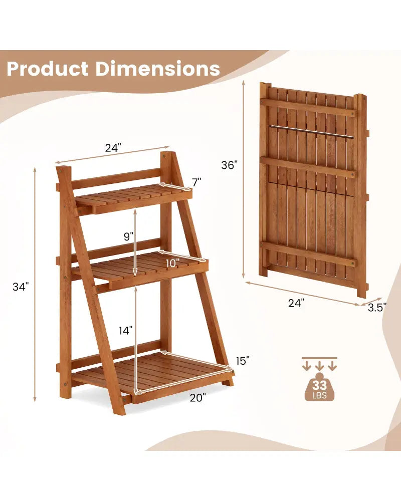 Foldable 3-Tier Solid Wood Plant Stand for Patio Balcony - Plant Stands