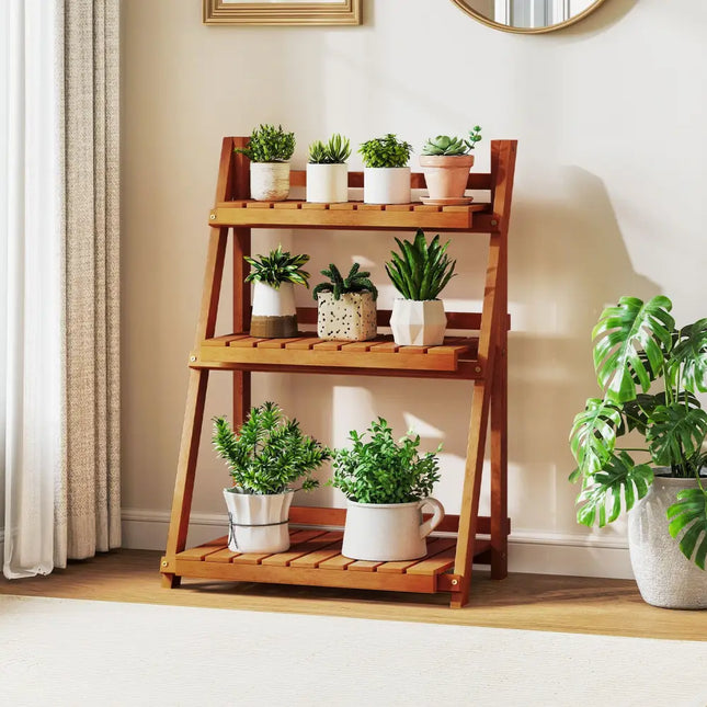 Foldable 3-Tier Solid Wood Plant Stand for Patio Balcony - Plant Stands