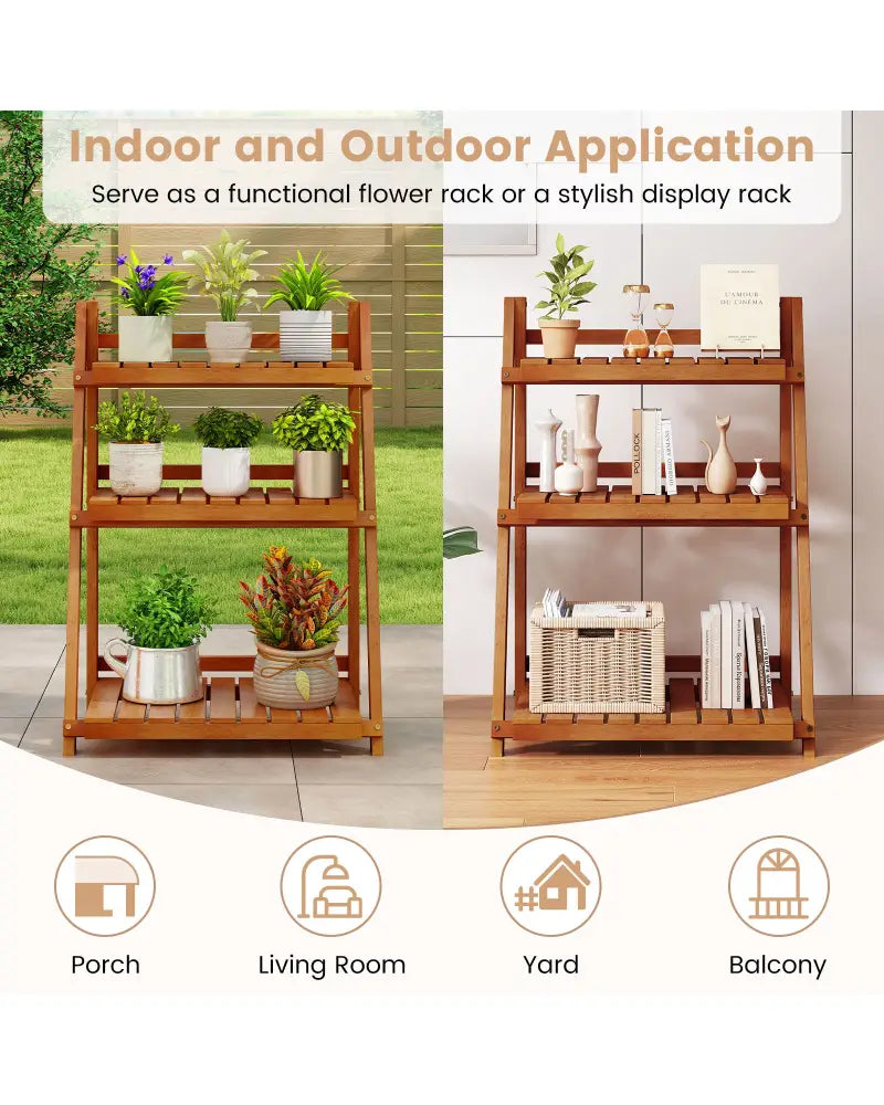 Foldable 3-Tier Solid Wood Plant Stand for Patio Balcony - Plant Stands