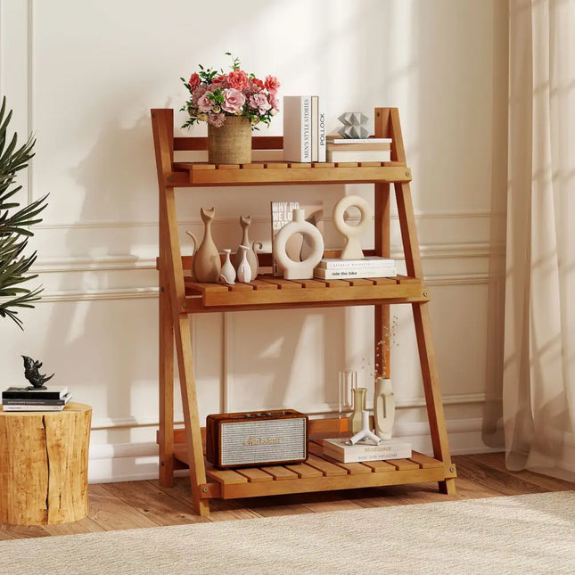 Foldable 3-Tier Solid Wood Plant Stand for Patio Balcony - Plant Stands