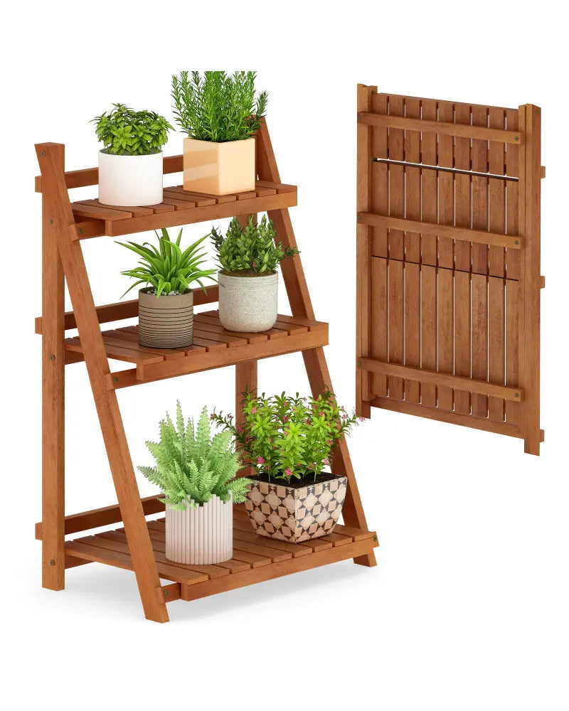 Foldable 3-Tier Solid Wood Plant Stand for Patio Balcony - Plant Stands