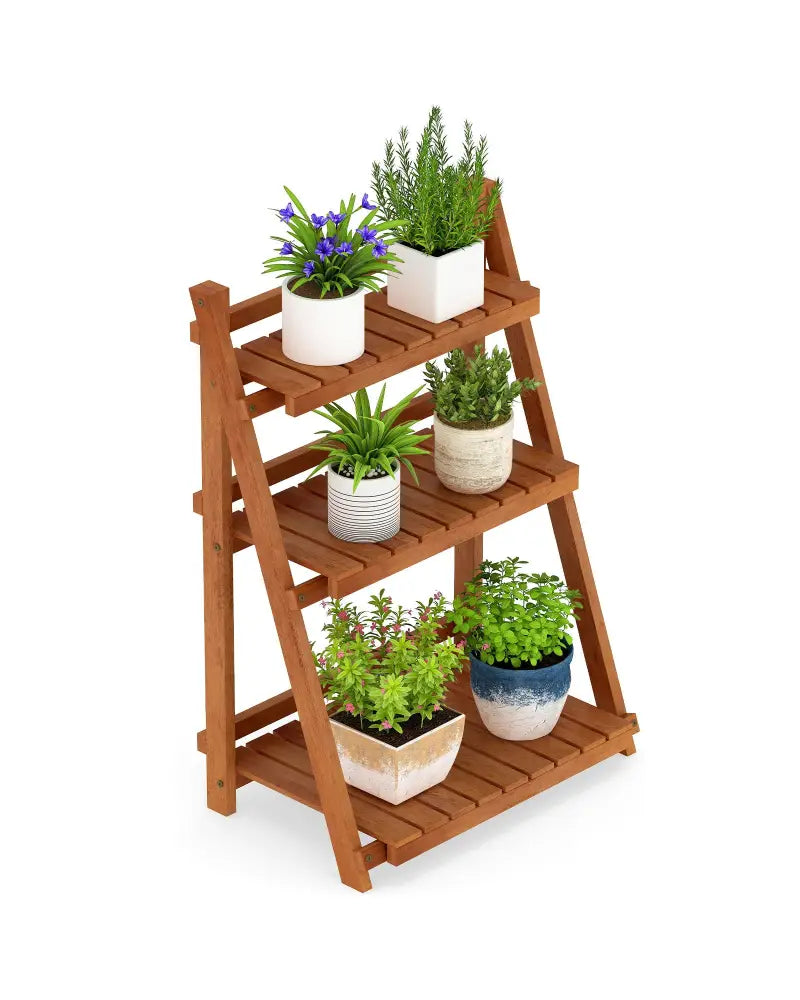 Foldable 3-Tier Solid Wood Plant Stand for Patio Balcony - Plant Stands
