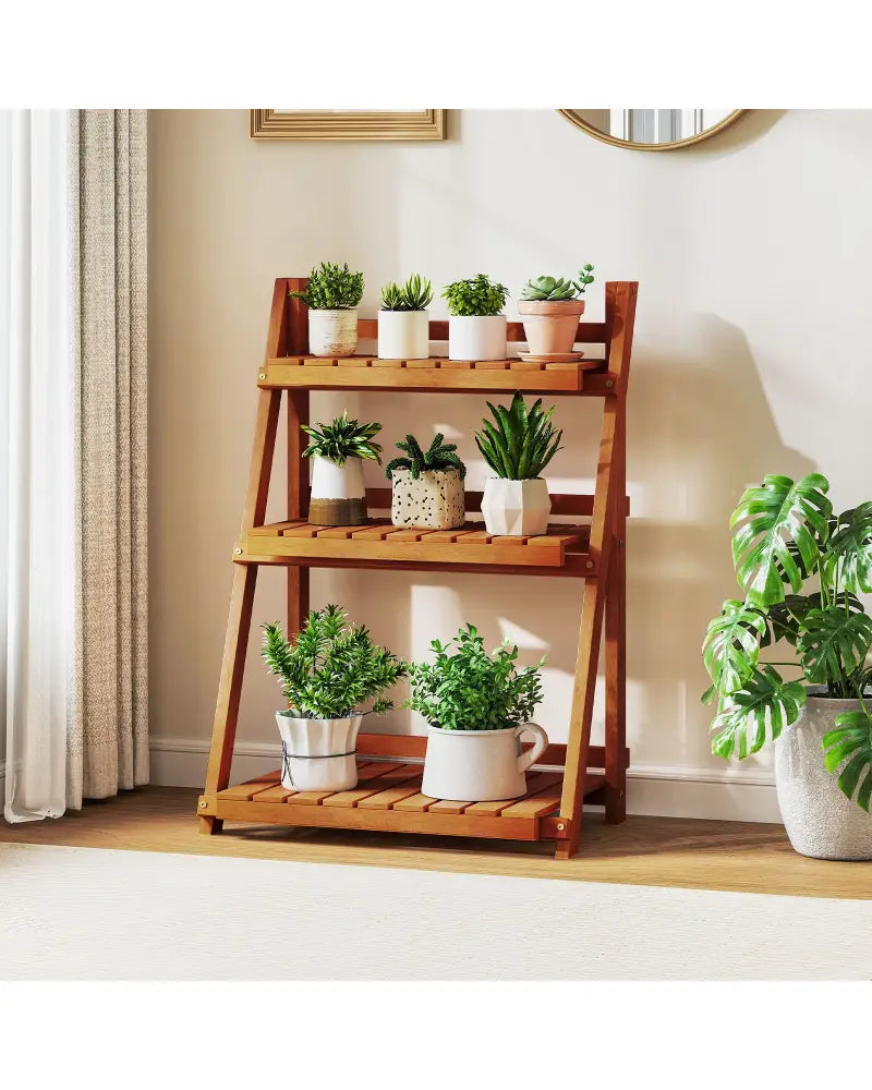 Foldable 3-Tier Solid Wood Plant Stand for Patio Balcony - Plant Stands