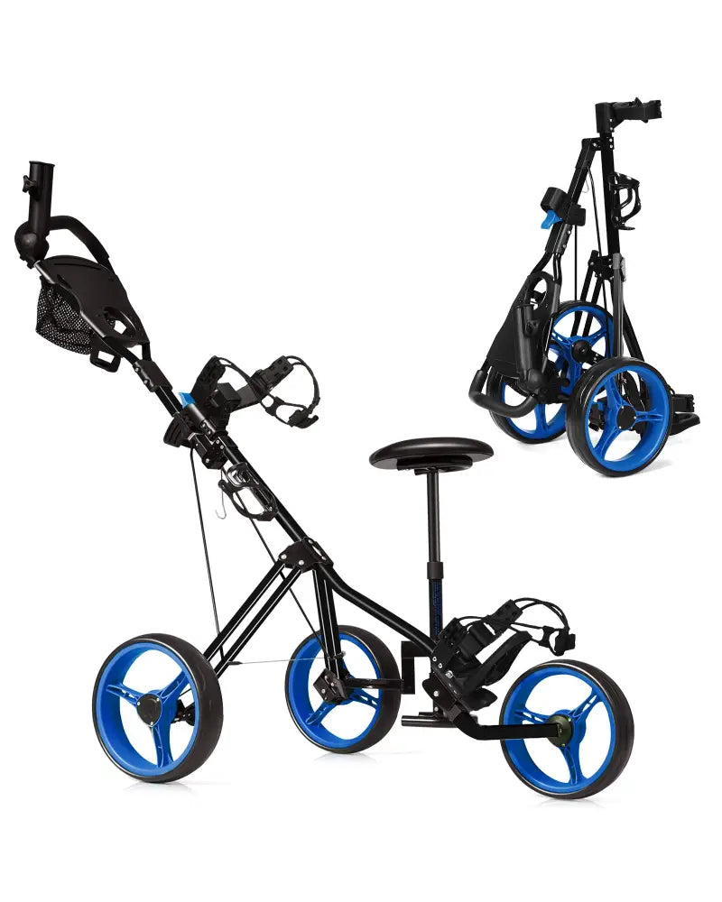Foldable 3 Wheels Push Pull Golf Trolley with Scoreboard Bag-Navy - Navy - Golf