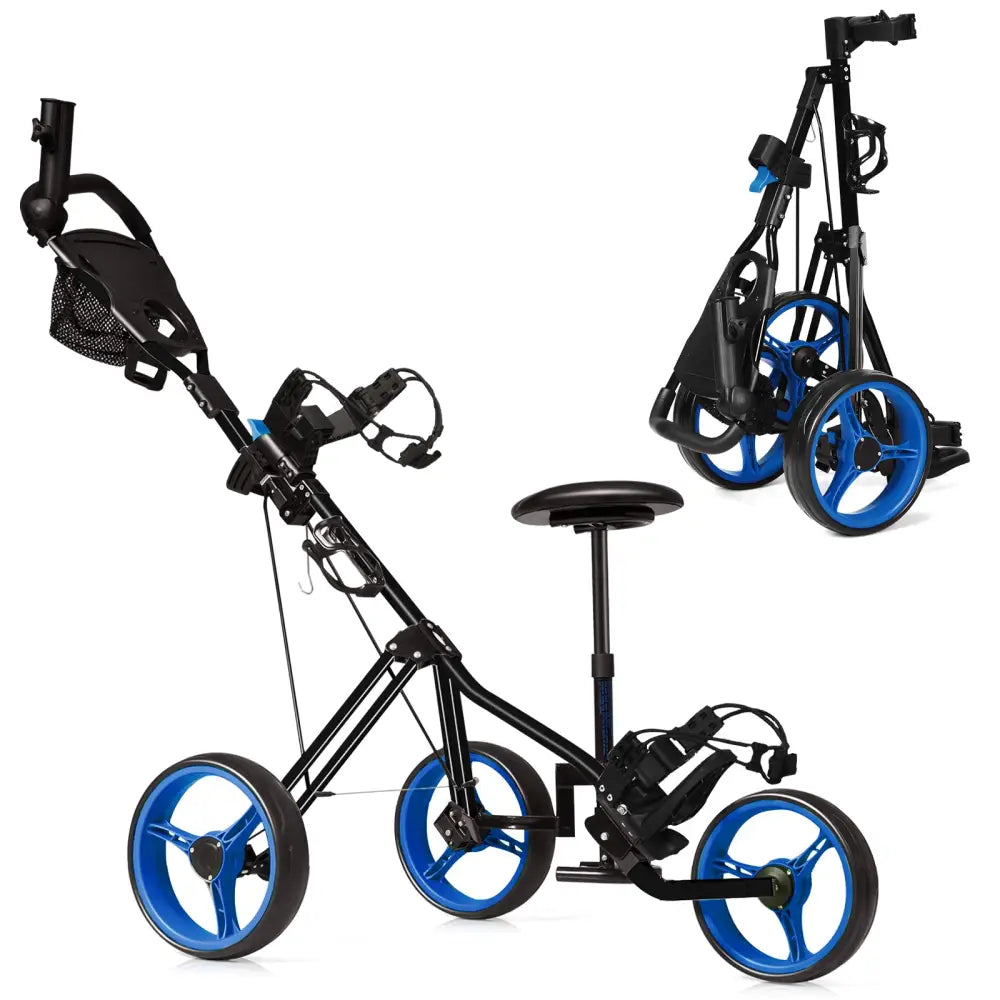 Foldable 3 Wheels Push Pull Golf Trolley with Scoreboard Bag-Navy - Navy - Golf