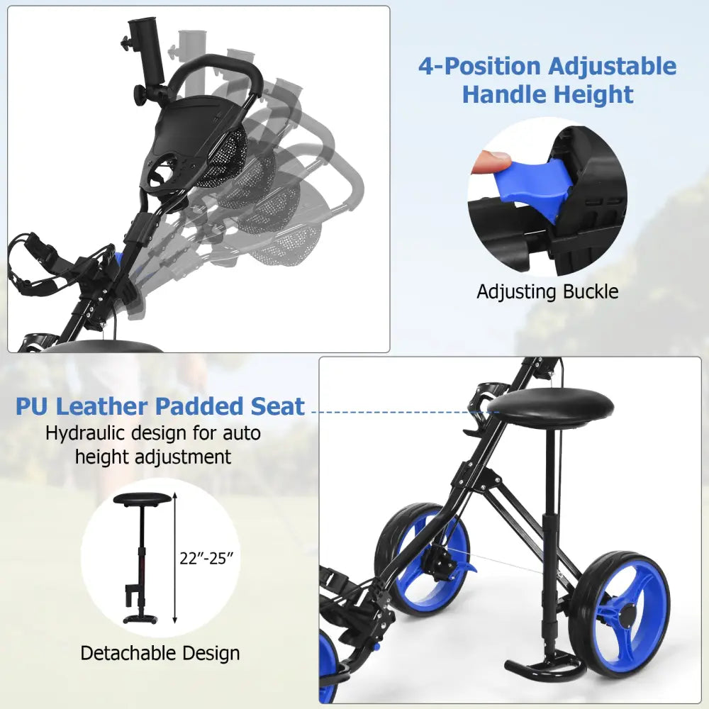 Foldable 3 Wheels Push Pull Golf Trolley with Scoreboard Bag-Navy - Navy - Golf
