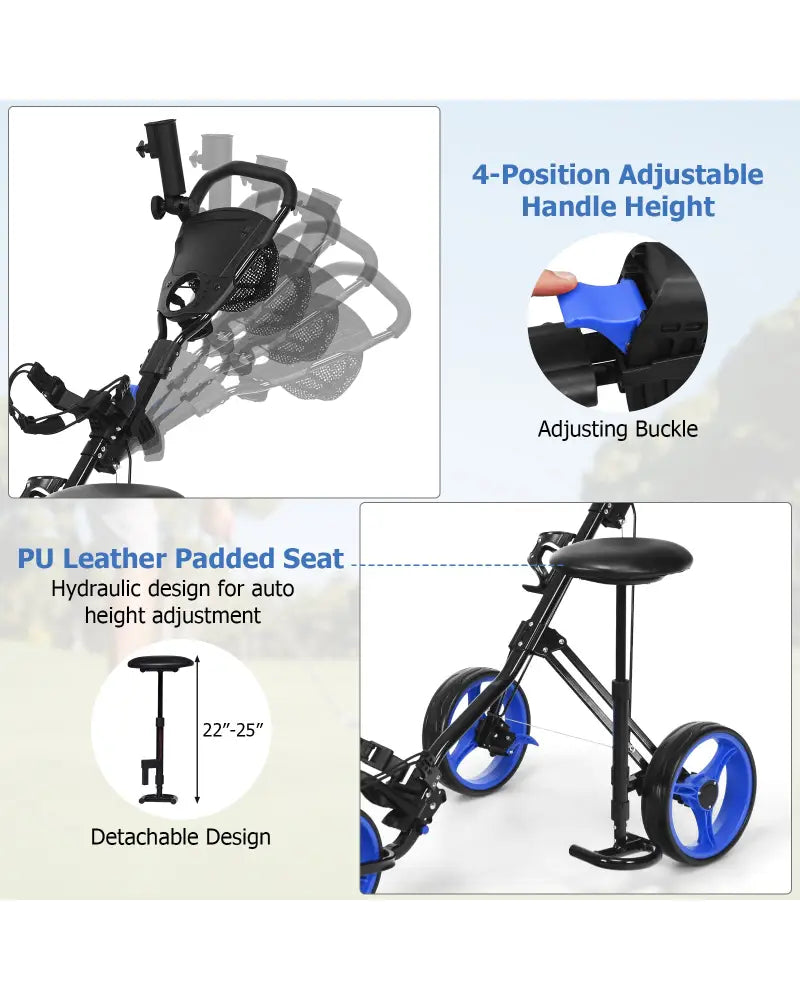 Foldable 3 Wheels Push Pull Golf Trolley with Scoreboard Bag-Navy - Navy - Golf
