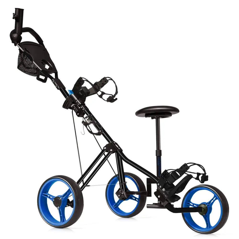 Foldable 3 Wheels Push Pull Golf Trolley with Scoreboard Bag-Navy - Navy - Golf