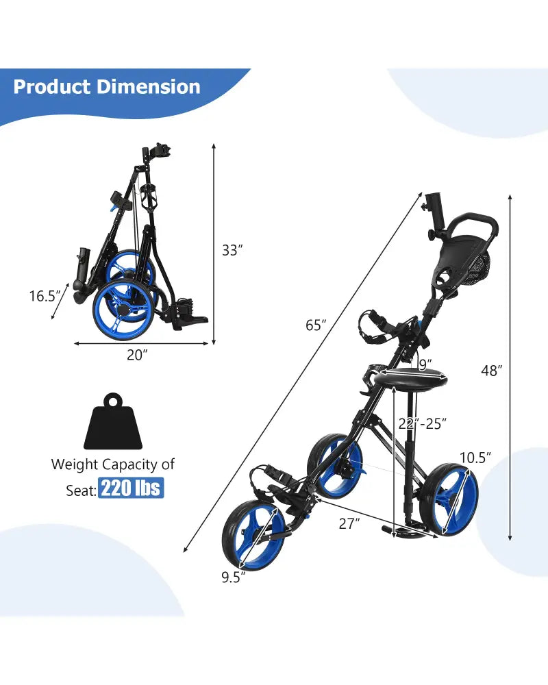 Foldable 3 Wheels Push Pull Golf Trolley with Scoreboard Bag-Navy - Navy - Golf