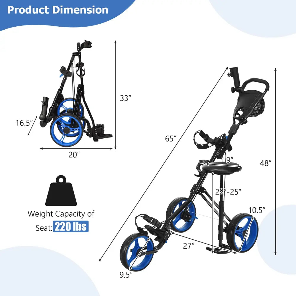 Foldable 3 Wheels Push Pull Golf Trolley with Scoreboard Bag-Navy - Navy - Golf