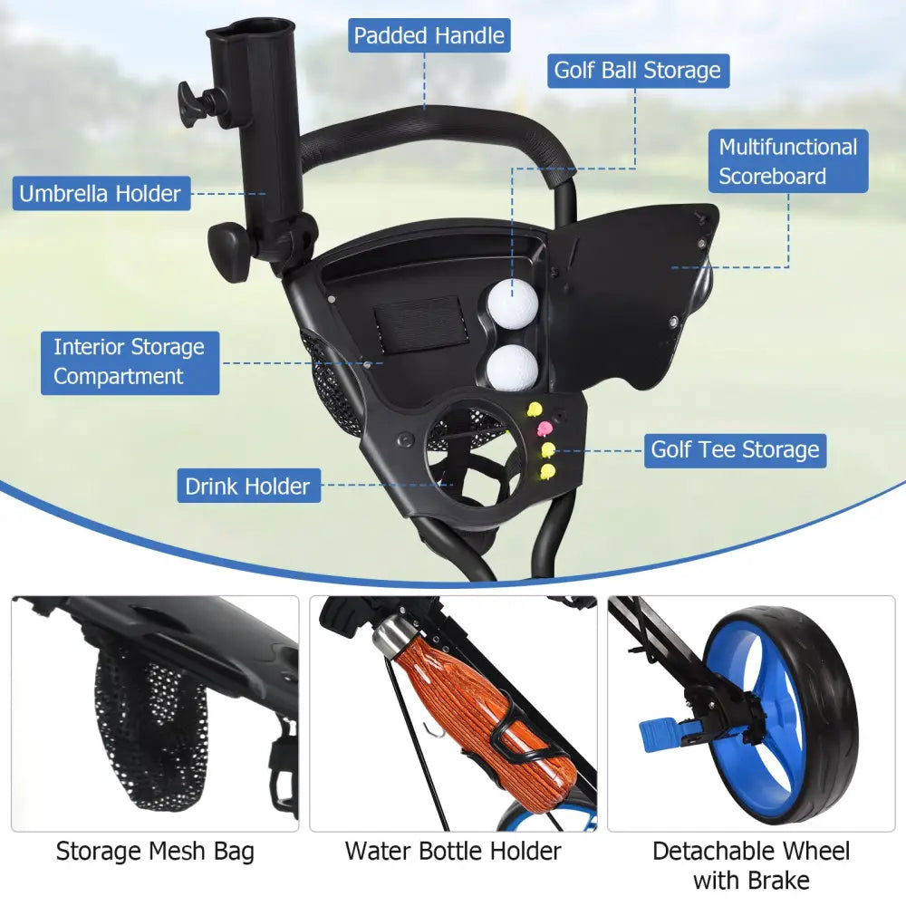 Foldable 3 Wheels Push Pull Golf Trolley with Scoreboard Bag-Navy - Navy - Golf