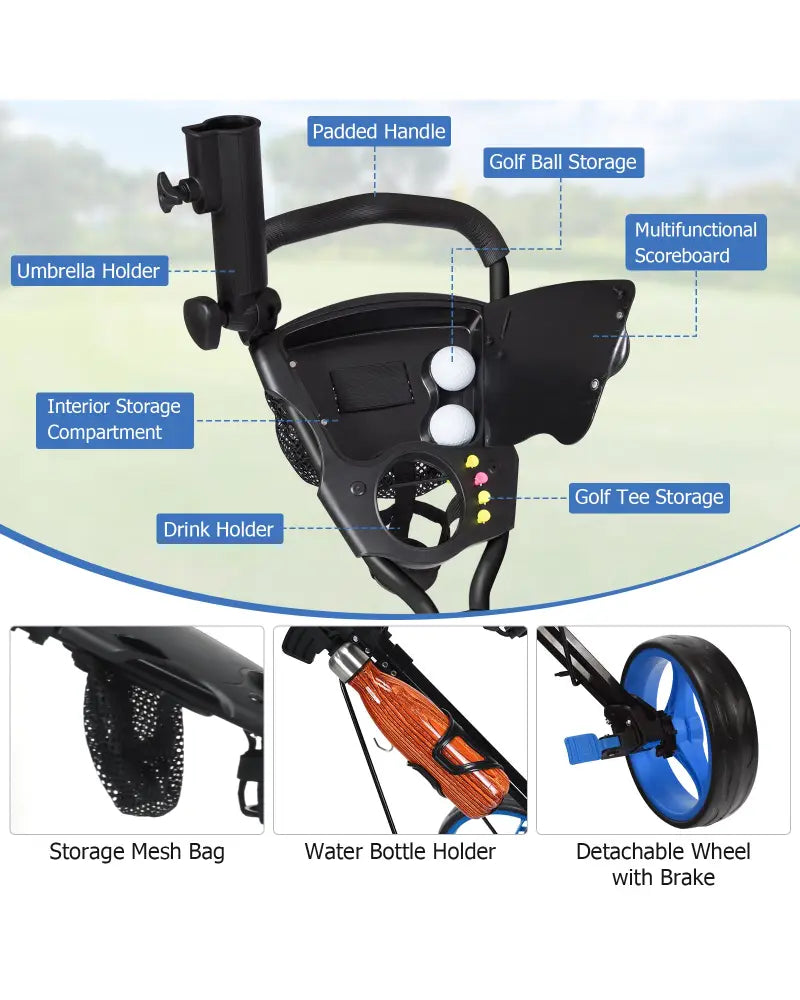 Foldable 3 Wheels Push Pull Golf Trolley with Scoreboard Bag-Navy - Navy - Golf