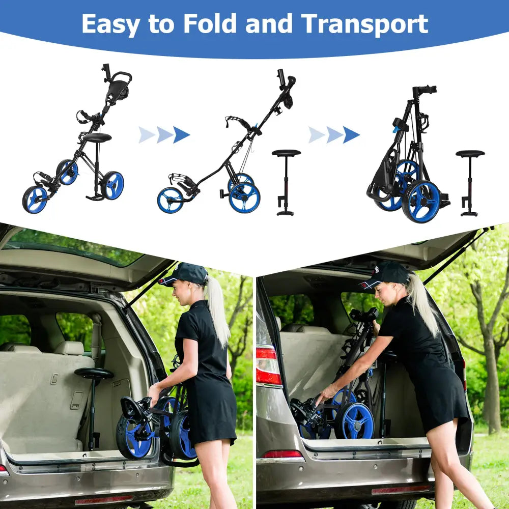 Foldable 3 Wheels Push Pull Golf Trolley with Scoreboard Bag-Navy - Navy - Golf