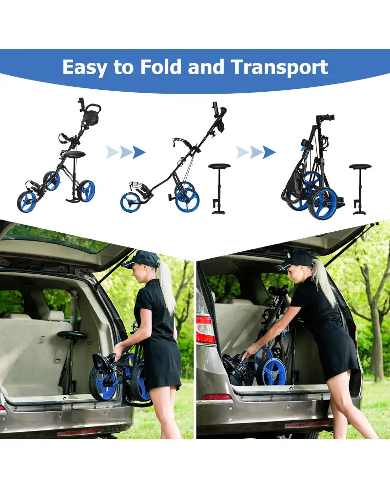 Foldable 3 Wheels Push Pull Golf Trolley with Scoreboard Bag-Navy - Navy - Golf
