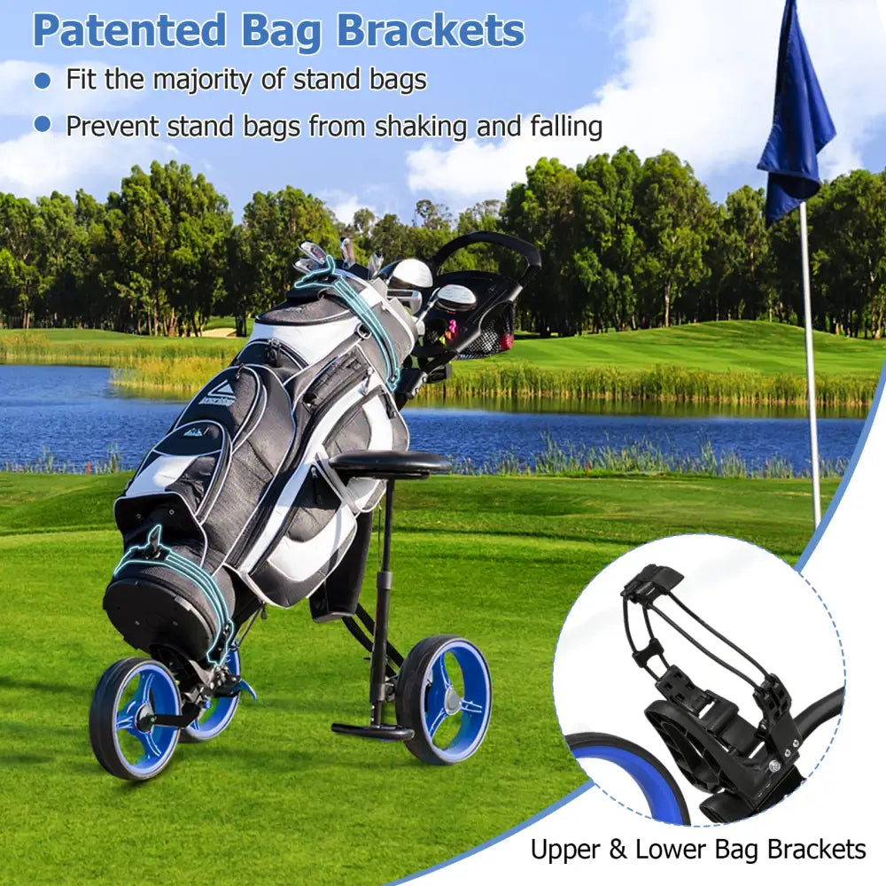 Foldable 3 Wheels Push Pull Golf Trolley with Scoreboard Bag-Navy - Navy - Golf