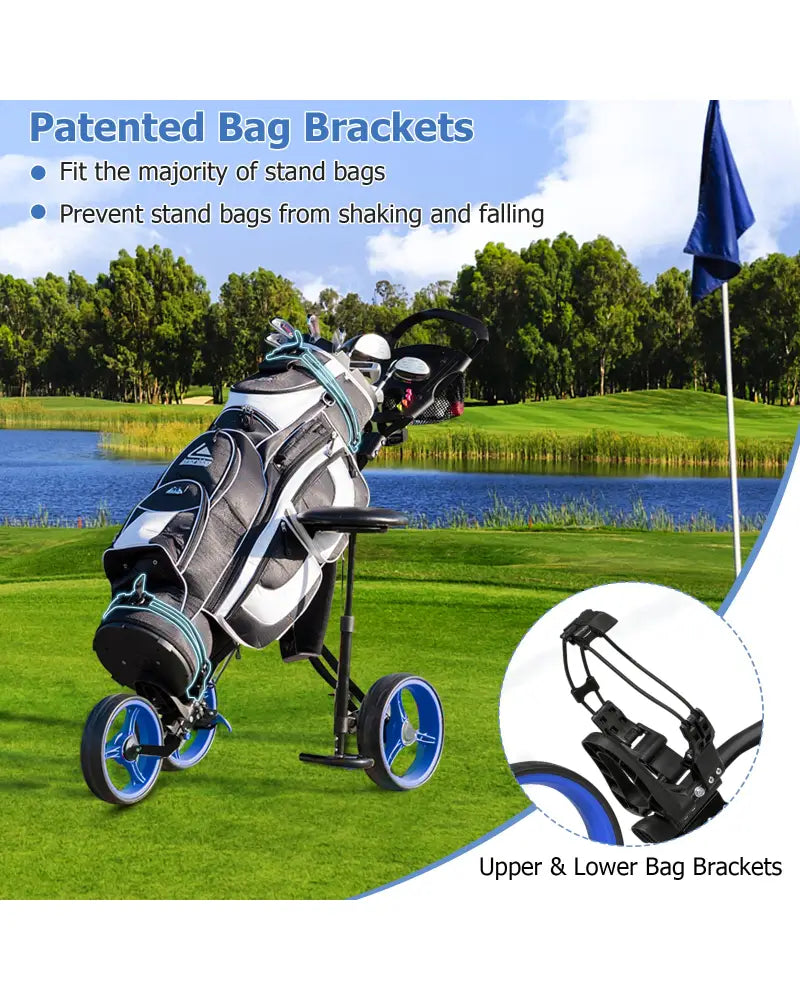 Foldable 3 Wheels Push Pull Golf Trolley with Scoreboard Bag-Navy - Navy - Golf