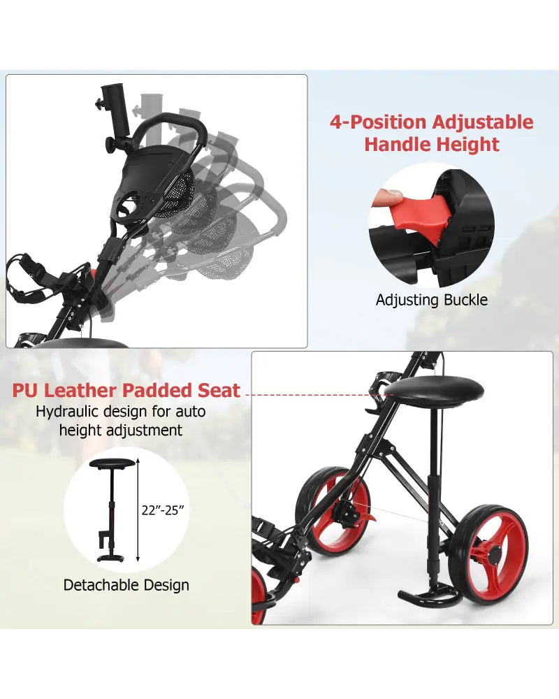 Foldable 3 Wheels Push Pull Golf Trolley with Scoreboard Bag-Red - Red - Golf