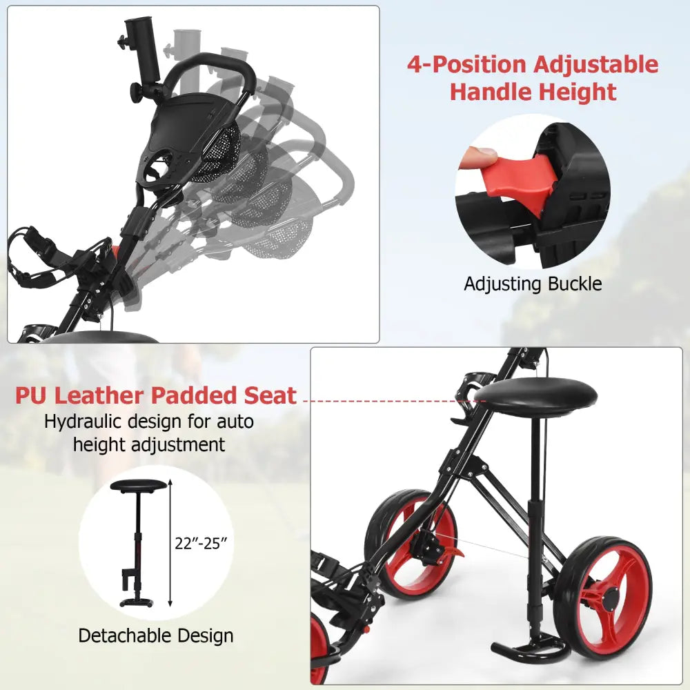 Foldable 3 Wheels Push Pull Golf Trolley with Scoreboard Bag-Red - Red - Golf