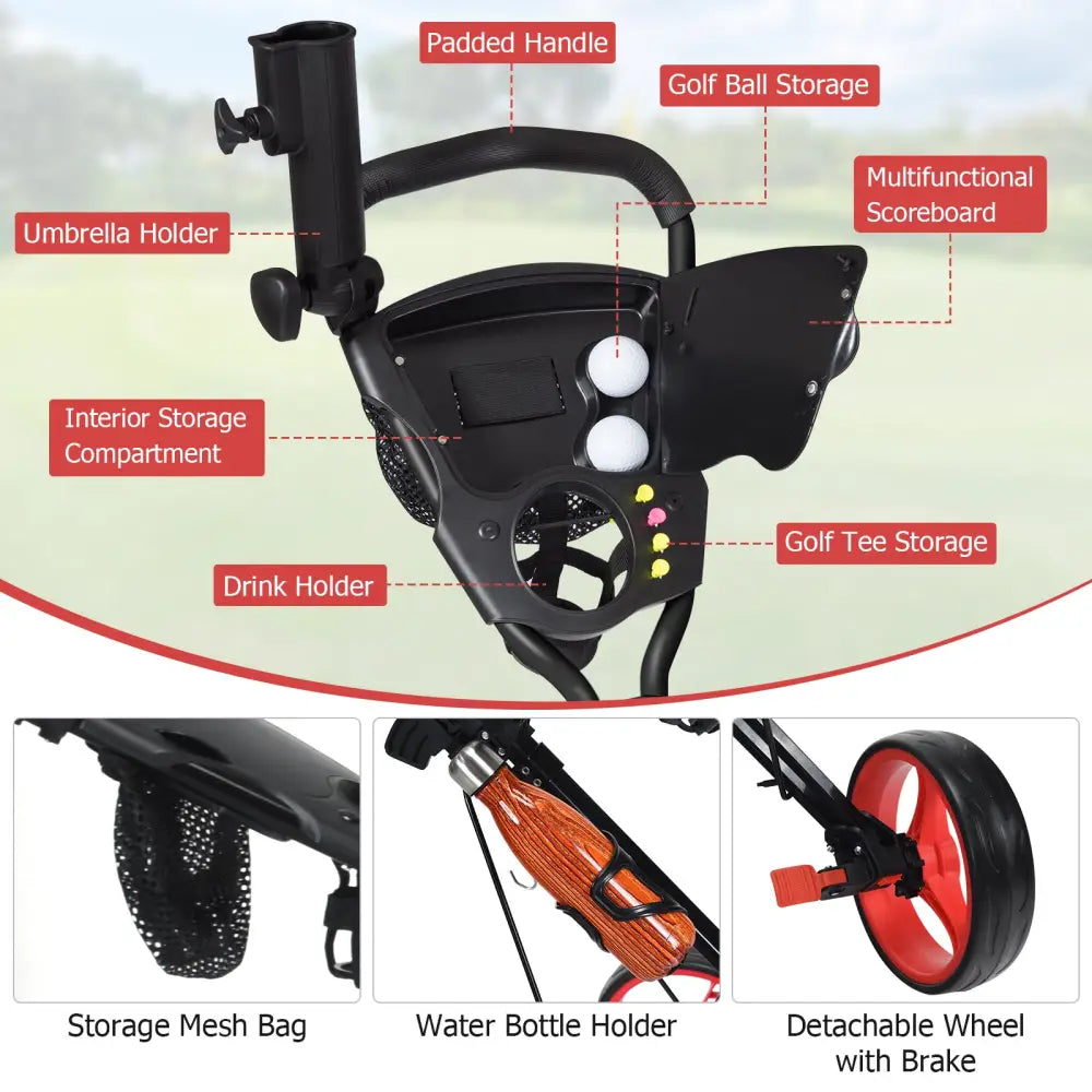 Foldable 3 Wheels Push Pull Golf Trolley with Scoreboard Bag-Red - Red - Golf