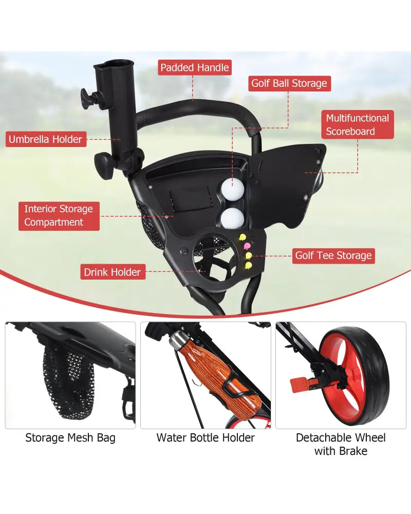 Foldable 3 Wheels Push Pull Golf Trolley with Scoreboard Bag-Red - Red - Golf