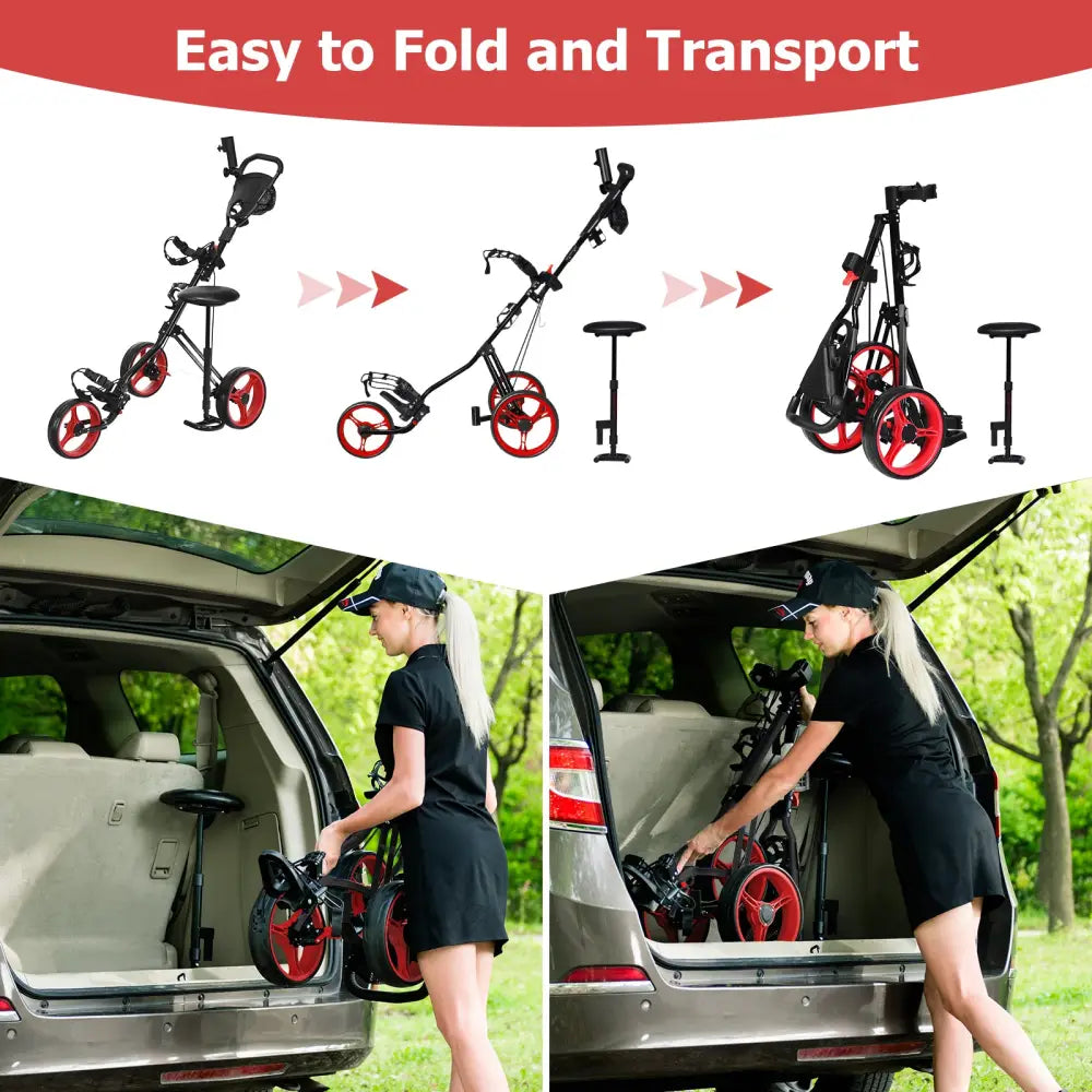 Foldable 3 Wheels Push Pull Golf Trolley with Scoreboard Bag-Red - Red - Golf