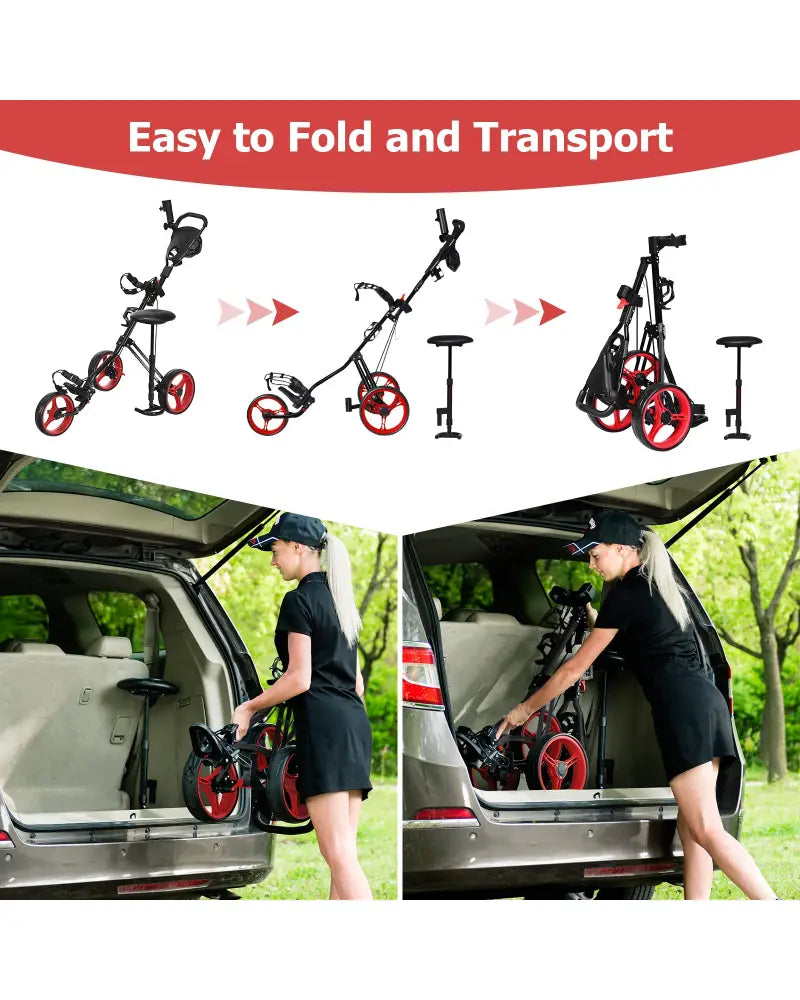 Foldable 3 Wheels Push Pull Golf Trolley with Scoreboard Bag-Red - Red - Golf