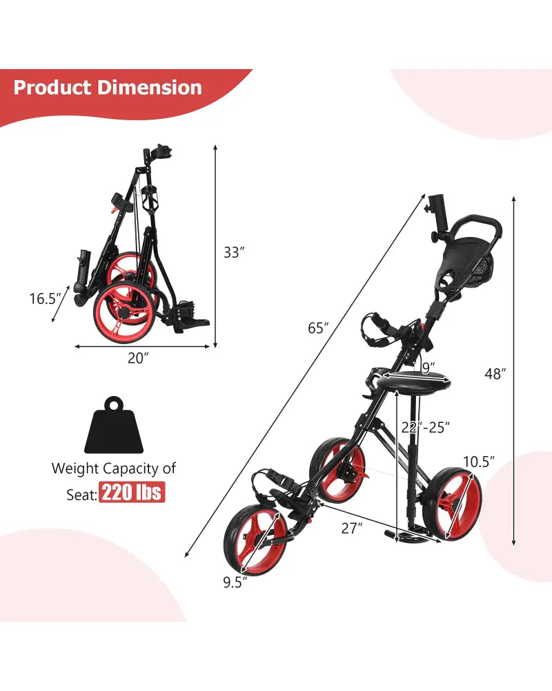 Foldable 3 Wheels Push Pull Golf Trolley with Scoreboard Bag-Red - Red - Golf