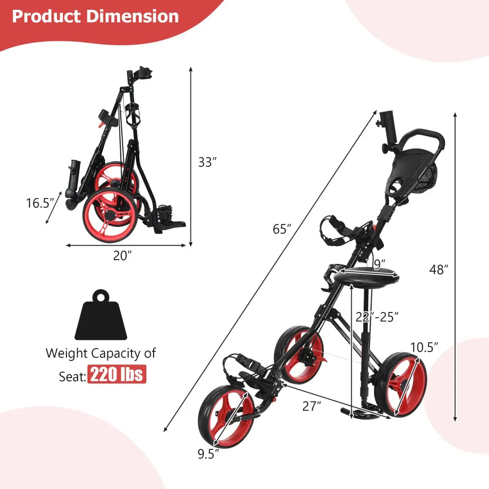 Foldable 3 Wheels Push Pull Golf Trolley with Scoreboard Bag-Red - Red - Golf