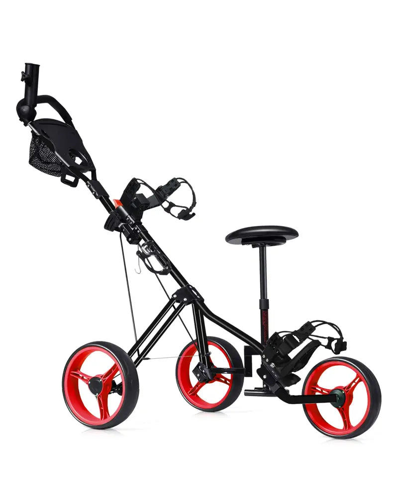 Foldable 3 Wheels Push Pull Golf Trolley with Scoreboard Bag-Red - Red - Golf