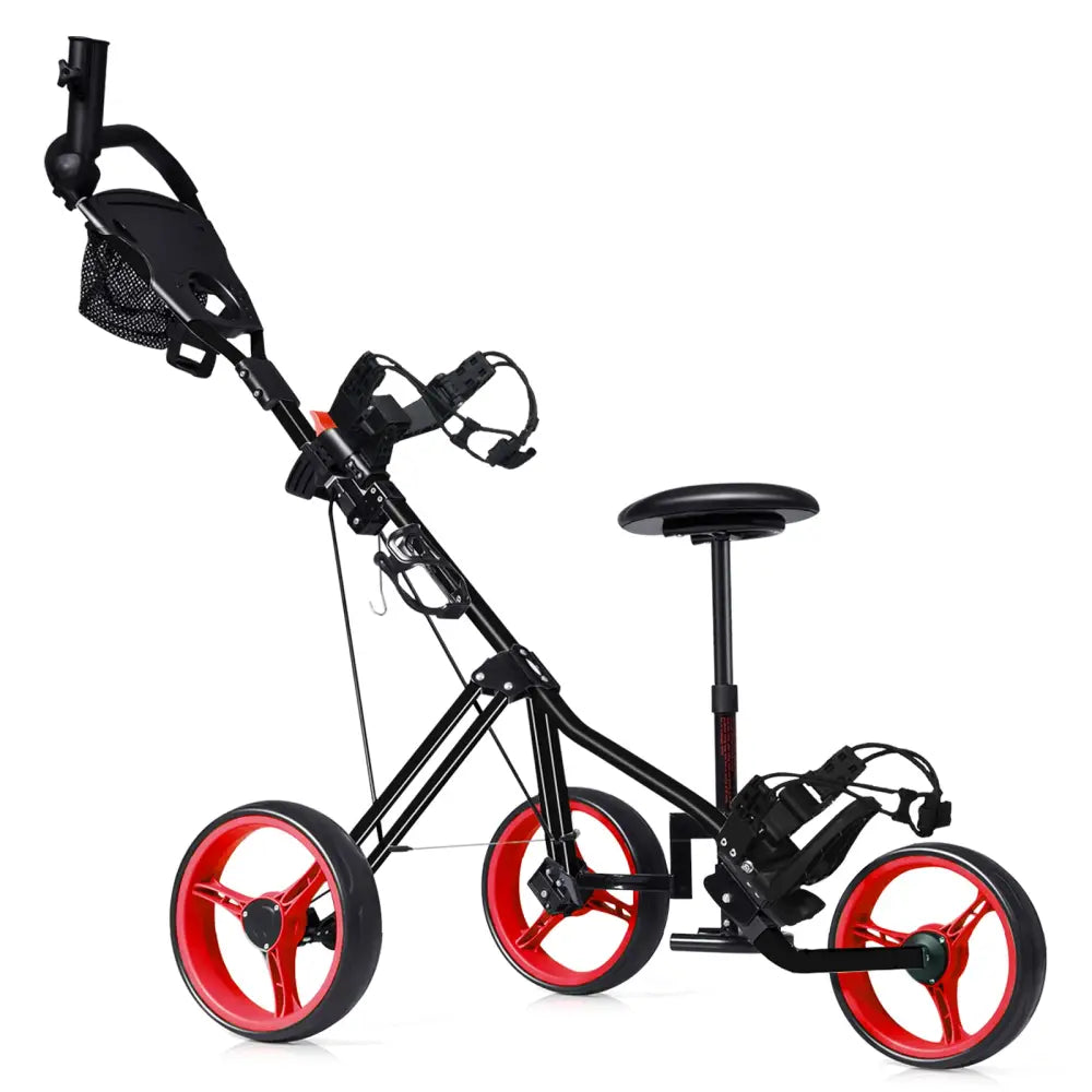Foldable 3 Wheels Push Pull Golf Trolley with Scoreboard Bag-Red - Red - Golf