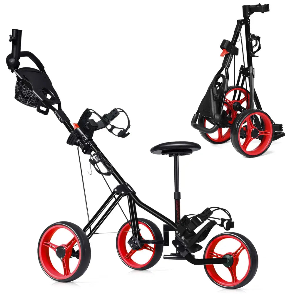 Foldable 3 Wheels Push Pull Golf Trolley with Scoreboard Bag-Red - Red - Golf