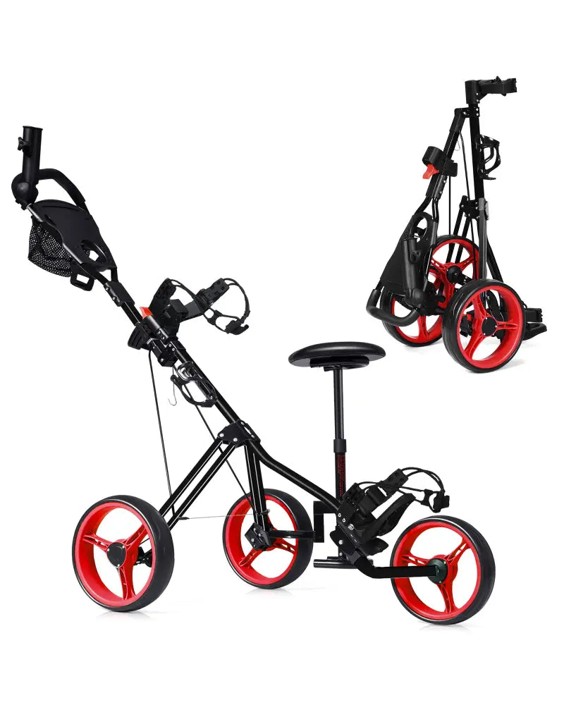 Foldable 3 Wheels Push Pull Golf Trolley with Scoreboard Bag-Red - Red - Golf