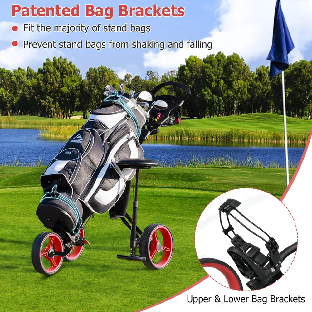 Foldable 3 Wheels Push Pull Golf Trolley with Scoreboard Bag-Red - Red - Golf