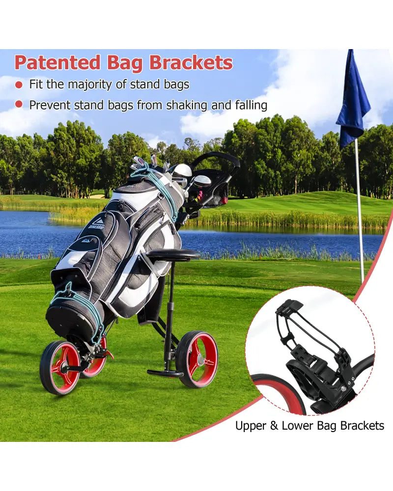 Foldable 3 Wheels Push Pull Golf Trolley with Scoreboard Bag-Red - Red - Golf