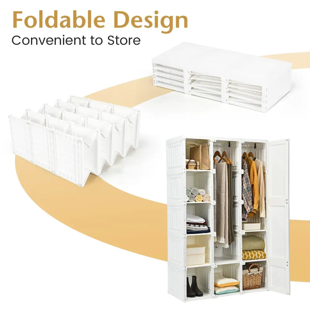 Foldable Armoire Wardrobe Closet with 10 Cubes - White - Bedroom