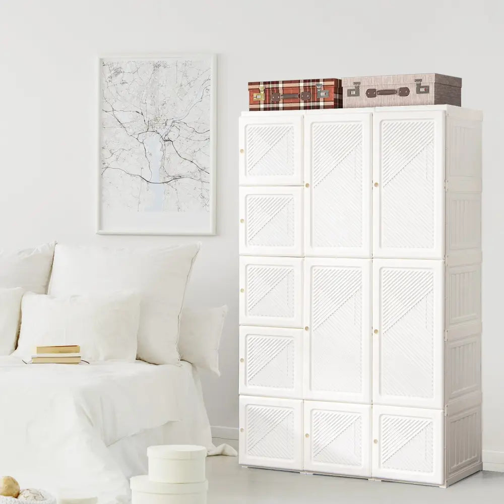 Foldable Armoire Wardrobe Closet with 10 Cubes - White - Bedroom