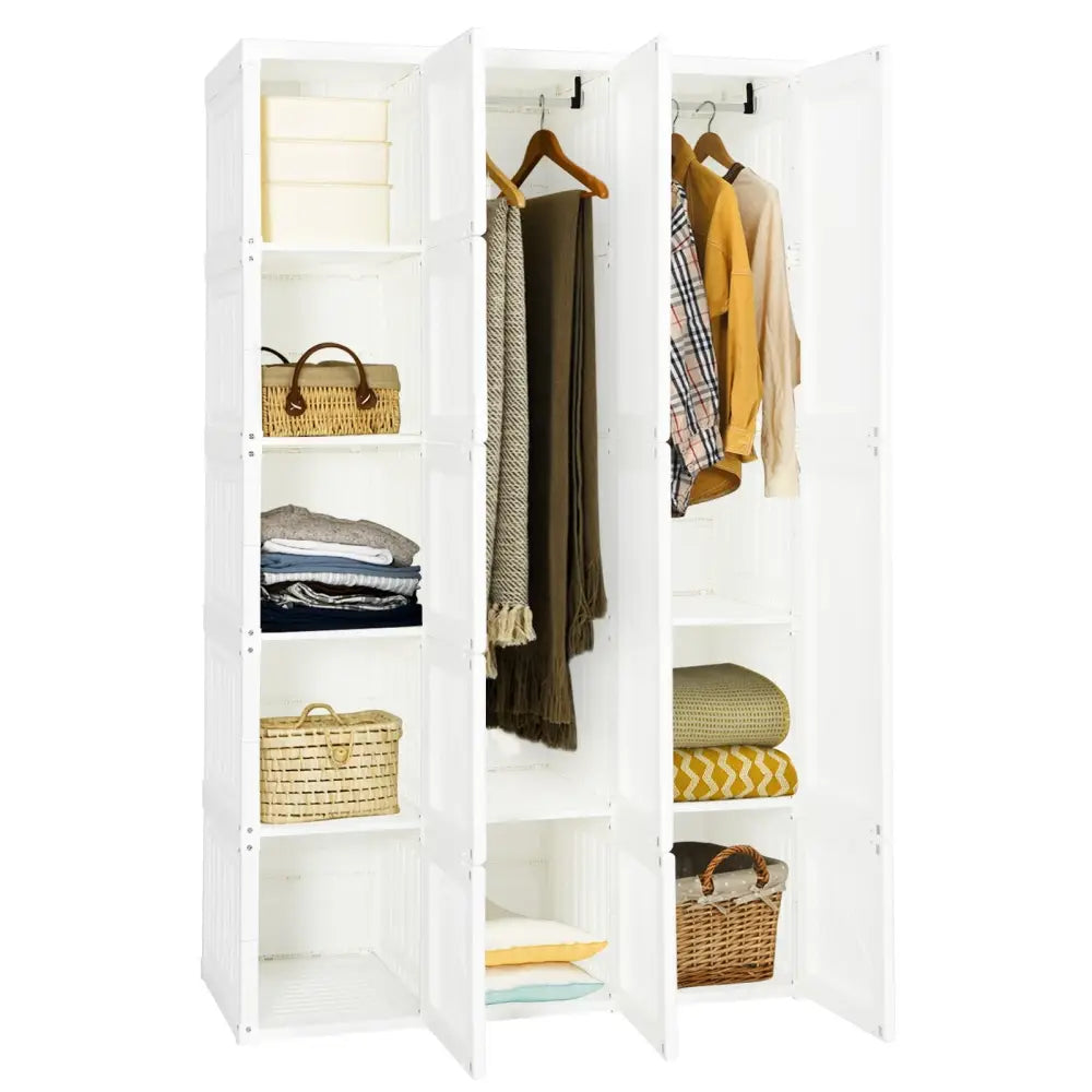 Foldable Armoire Wardrobe Closet with 10 Cubes - White - Bedroom