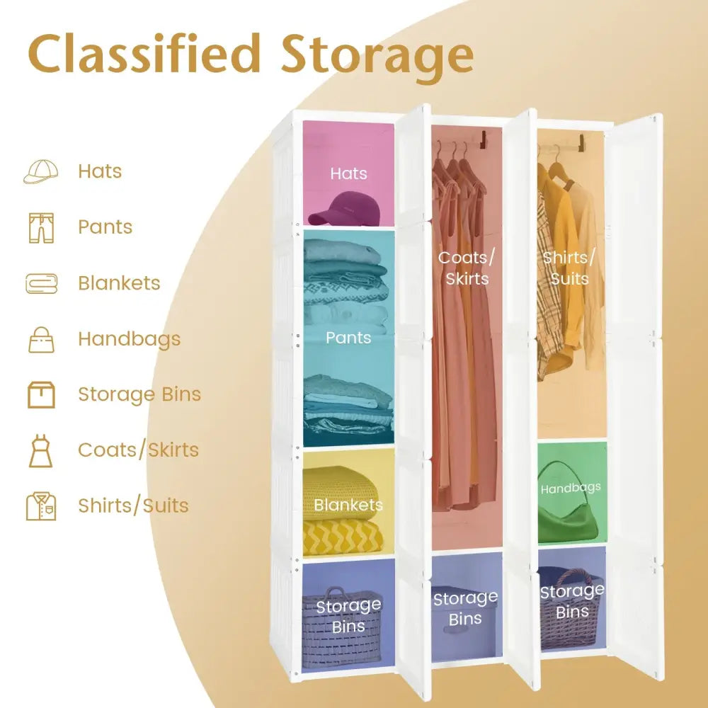Foldable Armoire Wardrobe Closet with 10 Cubes - White - Bedroom