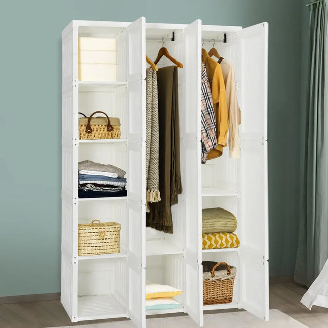 Foldable Armoire Wardrobe Closet with 10 Cubes - White - Bedroom