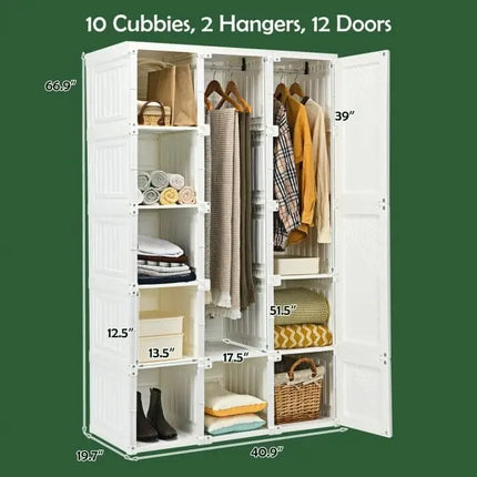 Foldable Armoire Wardrobe Closet with 10 Cubes - White - Bedroom