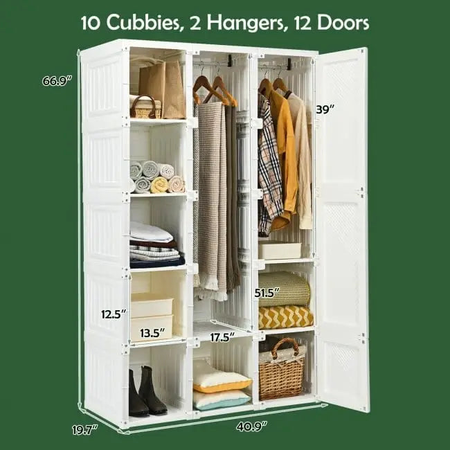Foldable Armoire Wardrobe Closet with 10 Cubes - White - Bedroom