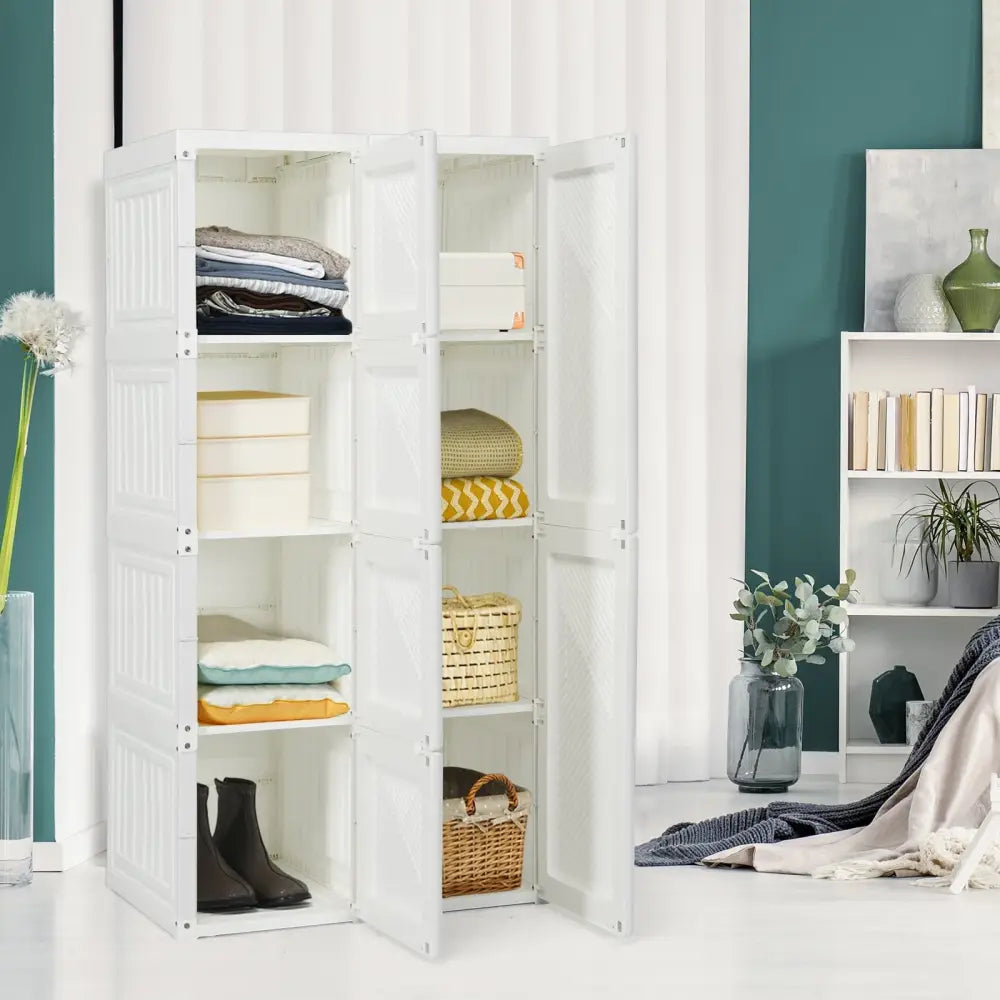 Foldable Armoire Wardrobe Closet with 8 Cubby Storage - White - Clothing & Closet Storage