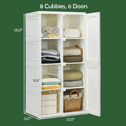 Foldable Armoire Wardrobe Closet with 8 Cubby Storage - White - Clothing & Closet Storage