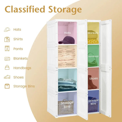 Foldable Armoire Wardrobe Closet with 8 Cubby Storage - White - Clothing & Closet Storage