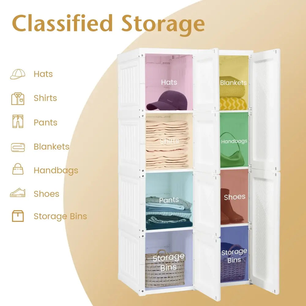 Foldable Armoire Wardrobe Closet with 8 Cubby Storage - White - Clothing & Closet Storage