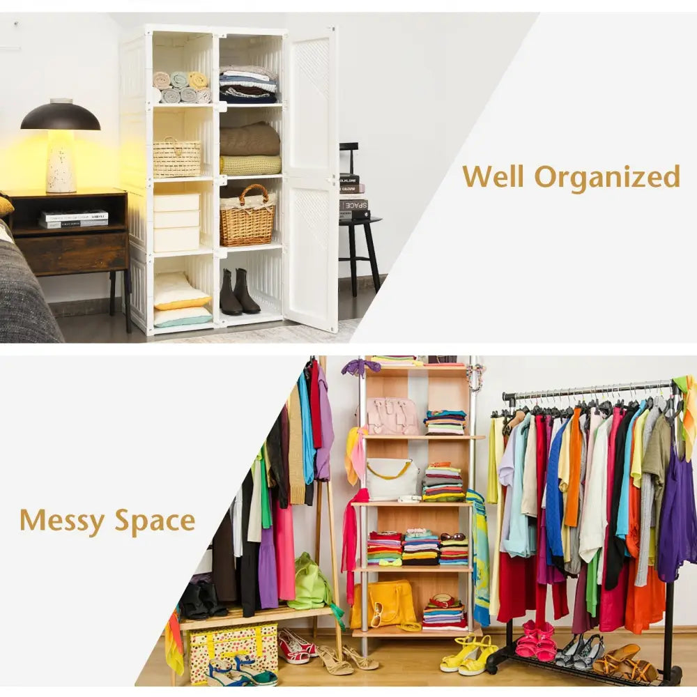 Foldable Armoire Wardrobe Closet with 8 Cubby Storage - White - Clothing & Closet Storage