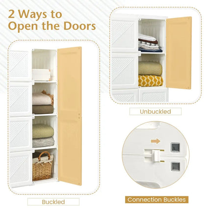 Foldable Armoire Wardrobe Closet with 8 Cubby Storage - White - Clothing & Closet Storage