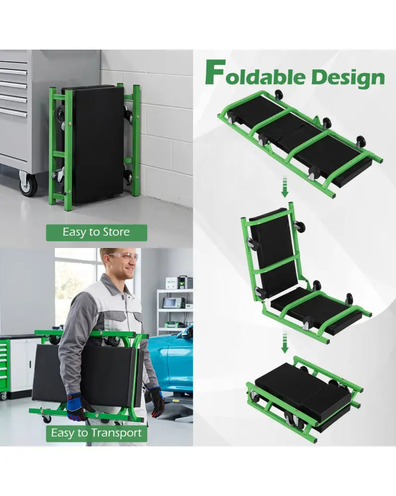 Foldable Automotive Creeper with 360° Swivel Wheels 330 lbs for Garage-Green - Green - Garages
