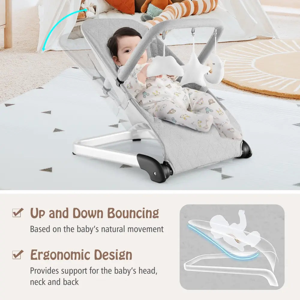 Foldable Baby Bouncer with Removable Fabric Cover and Toy Bar-Gray - Gray - Baby Bouncer & Rocker