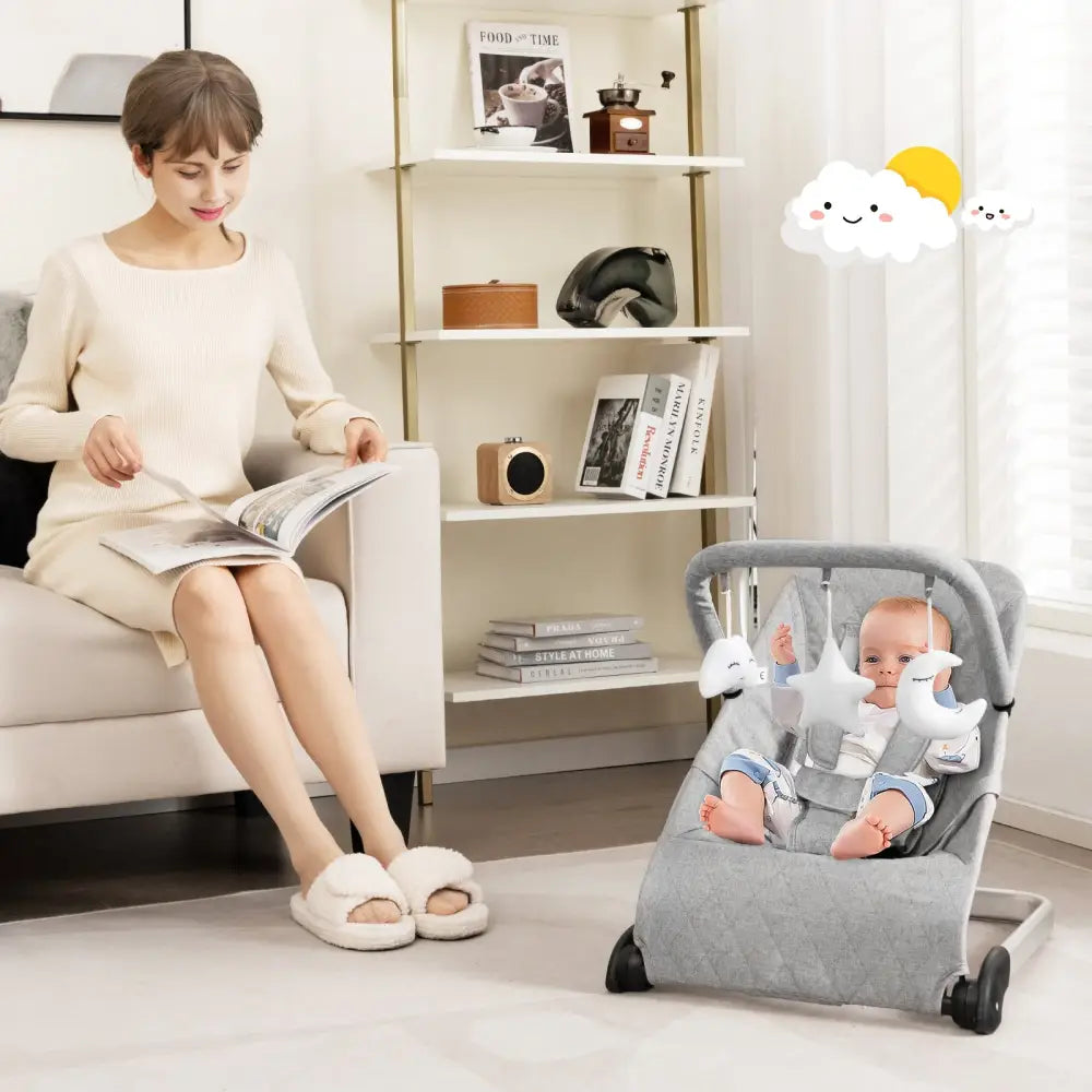 Foldable Baby Bouncer with Removable Fabric Cover and Toy Bar-Gray - Gray - Baby Bouncer & Rocker